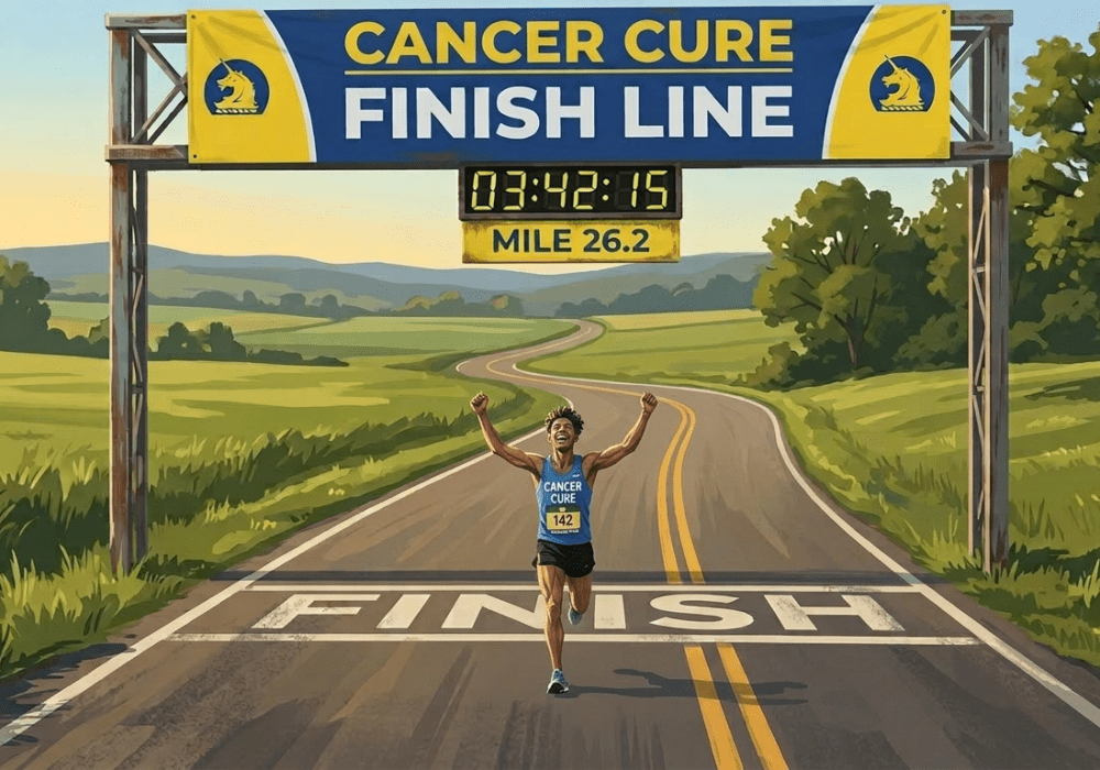 Marathon runners finishing at Boston Marathon finish line with cheering crowd